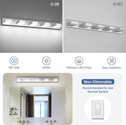 LED Modern Bathroom Light Fixtures, 5-Light 40-Inch Chrome Vanity Lights for Bathroom Lighting Fixtures Over Mirror, 350° Rotatable Acrylic, 6000K Cool White Wall Lamp