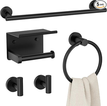 FORIOUS Bathroom Accessories, 5-Piece Bathroom Hardware Set - 24" Towel Bar | Matte Black | Towel Hooks, Towel Racks for Bathroom, Toilet Paper Holder With Shelf & Towel Ring | SUS304 Stainless Steel