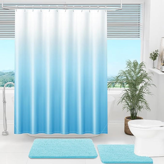 OLANLY Luxury Sky Blue and White Ombre Shower Curtain Sets with 12 Hooks, Waterproof and Washable Decorative Shower Curtains for Bathroom, 72x72 Inches