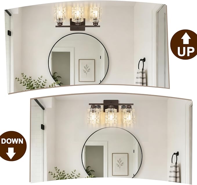Refice 3-Light Bathroom Vanity Lights Crystal Glass, Oil Rubbed Bronze | Bathroom Light Fixtures Vanity Lighting Over Mirror for Living Room Farmhouse, Hallway