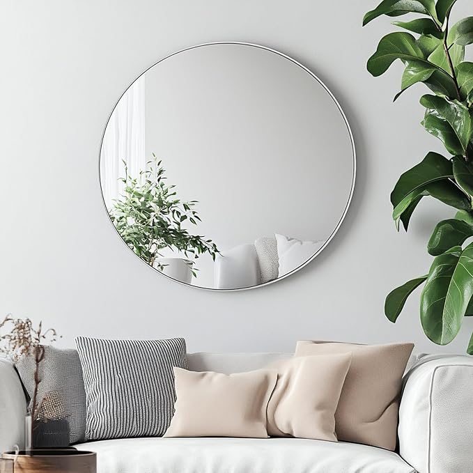 Round Mirror, 26 inch Silver Circle Mirror,Bruhsed Nickel Metal Frame | High Definition,Waterproof,Rust-resistant,Round Mounted Mirrors for Bathroom,Living Room,Bedroom,Hallyway,Vanity,Wall Décor