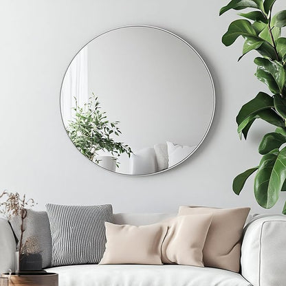 Round Mirror, 26 inch Silver Circle Mirror,Bruhsed Nickel Metal Frame | High Definition,Waterproof,Rust-resistant,Round Mounted Mirrors for Bathroom,Living Room,Bedroom,Hallyway,Vanity,Wall Décor