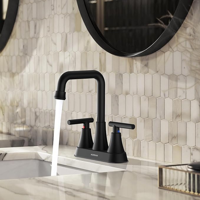 Matte Black Bathroom Sink Faucet, Hurran 4 inch Bathroom Faucets for Sink 3 Hole with Pop-up Drain and Supply Hoses, 360 Swivel Spout Centerset Faucet for Vanity RV Farmhouse, 2 Pack