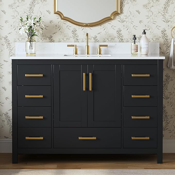48 Inch Black Bathroom Vanity with Sink, Fully Assembled Bathroom Vanities Storage Cabinet with 2 Soft Close Doors & 7 Fully Extendable Drawers, Carrara Engineered Stone Top, Backsplash