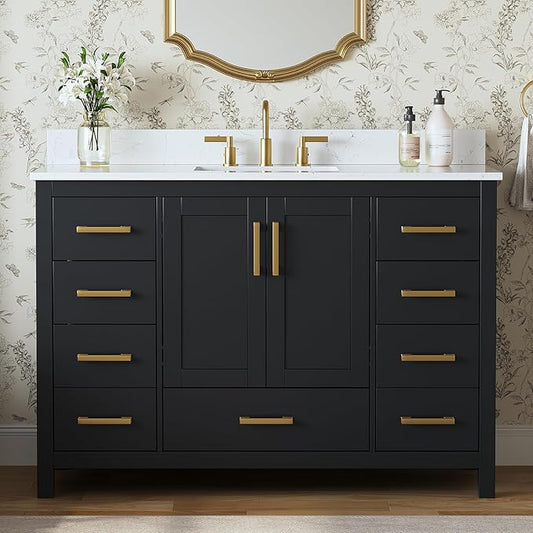 48 Inch Black Bathroom Vanity with Sink, Fully Assembled Bathroom Vanities Storage Cabinet with 2 Soft Close Doors & 7 Fully Extendable Drawers, Carrara Engineered Stone Top, Backsplash