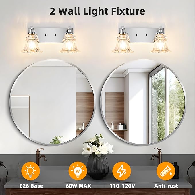 Vintage 2-Light Bathroom Vanity Light, Chrome Bathroom Light Fixtures with Floral Clear Glass Shades, Antique Wall Sconce Fixtures for Dressing Table, Bedroom