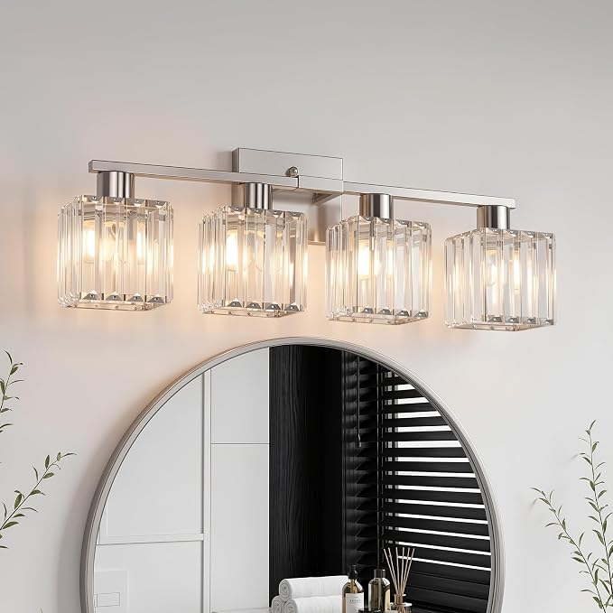 Crystal Bathroom Light Fixtures, 4-Light Brushed Nickel, Vanity Lights for Bathroom Over Mirror, Modern Bath Wall Sconce for Mirror Bedroom Living Room