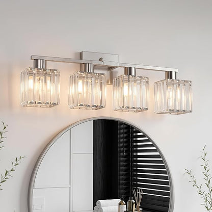 Crystal Bathroom Light Fixtures, 4-Light Brushed Nickel, Vanity Lights for Bathroom Over Mirror, Modern Bath Wall Sconce for Mirror Bedroom Living Room