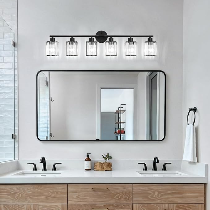 6 Light Bathroom Light Fixtures, Modern Crystal Vanity Lights over Mirror | Metal Frame, Bathroom Light with Square Crystal Shade, ETL Certified, E26 Ceramic Socket, Bulbs Not Included