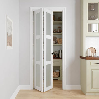 Bifold Doors for 30" x 80" Opening,3-lite Tempered Frosted Glass | Closet Folding Doors with Hardware kit Included, Easy Assembly for Pantry Closet, White,Water-Proof PVC Surface