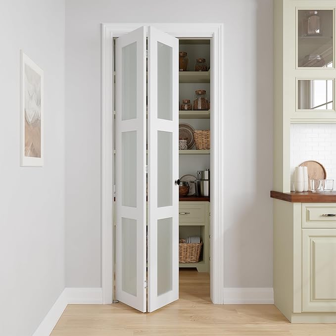 Bifold Doors for 30" x 80-3/4" Opening, 3-lite Tempered Frosted Glass Closet Folding Doors with Hardware kit Included, Easy Assembly, White | Closet Folding Doors with Hardware kit Included, Easy Assembly for Pantry Closet, White,Water-Proof PVC Surfac...