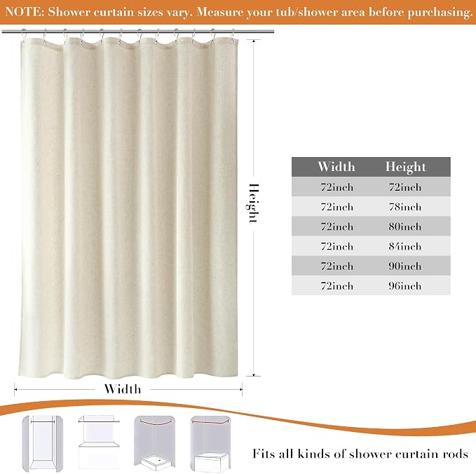 Extra Long Linen Shower Curtain for Bathroom 80 Inch Light Beige | Weighted Fabric Bath Curtains with Hooks, Water Repellent, Neutral Boho Farmhouse, Simple Luxury Shower Decor, 1 Panel, 72x80