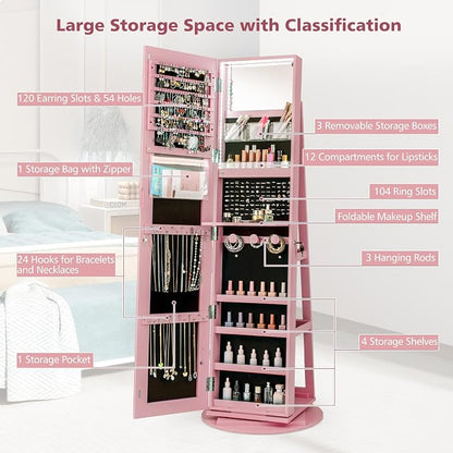 CHARMAID 360° Swivel Jewelry Armoire with Full Length Mirror, Rear Storage Shelves, Lockable Standing Jewelry Cabinet Organizer with Interior Vanity Mirror and 3-Color Lights (Pink)