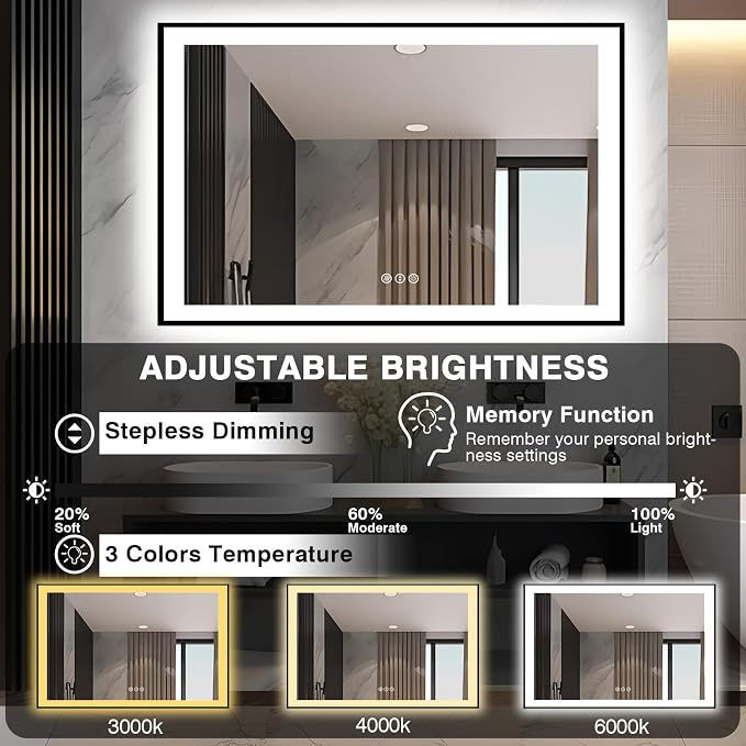 EchosLife 51x32 LED Bathroom Mirror - Black Framed | Black Frame, Front and Backlit, Anti-Fog, Stepless Dimmable, 3 Colors, Memory, Tempered Glass, UL Listed, Horizontal/Vertical