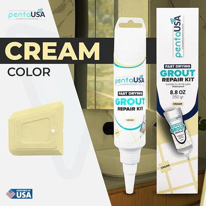 PentaUSA Premixed Tile Grout Repair - Cream Ivory (8.8oz/250g) | 5 beige shades with RAL codes, premixed acrylic sanded, bathroom shower kitchen tile, water-resistant, 24-hour cure, 29 sq ft