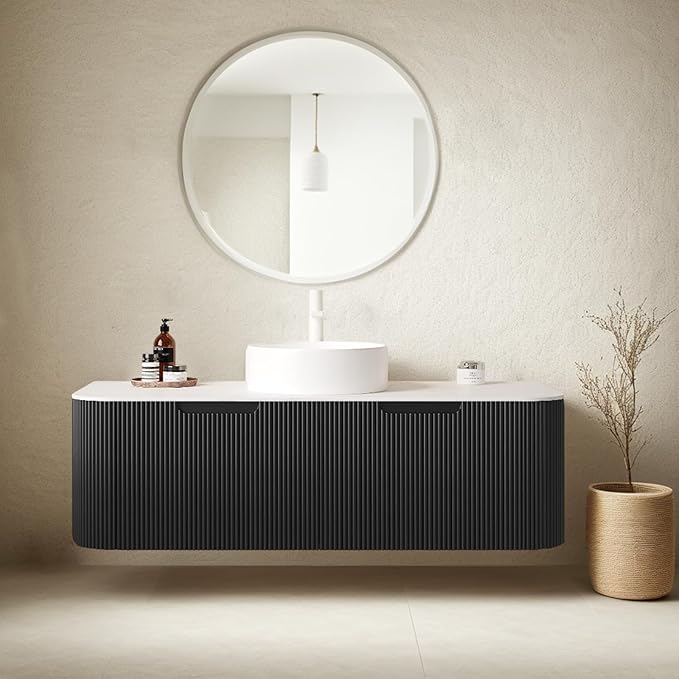 48" Floating Bathroom Vanity with Sink, Plywood Bathroom Vanities with Ultra-Thin Ceramic Basin and Marble Top, 2 Large Soft-Closing Storage Drawers, Pre-Assembled Cabinet, Gloss Black