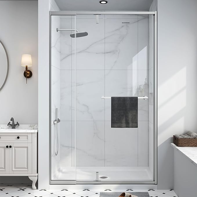 36-42" W x 72" H Semi Frameless Pivot Shower Door Brushed Nickel | 1/4"(6mm) SGCC Tempered Glass with Explosion-Proof Film &Nano Coating,Customizable Width