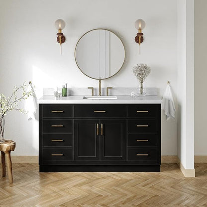 ARIEL Hepburn 60-inch Bathroom Vanity with Sink,Solid Wood, 1.5-inch Italian Carrara Marble Countertop, Single Rectangular Porcelain Sink, 2 Soft Closing Doors, 9 Dovetail Drawers, Black