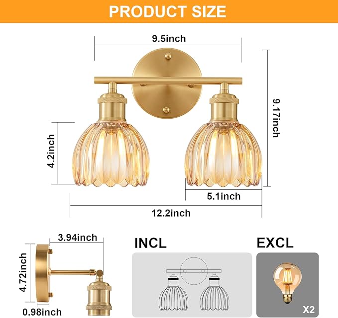 Bathroom Light Fixtures, 2-Light Brushed Gold Vanity Lights for Bathroom with Amber Tulip Glass Shade, 12" Vintage Bathroom Vanity Lighting Fixtures Over Mirror for Bedroom Living Room Hallway