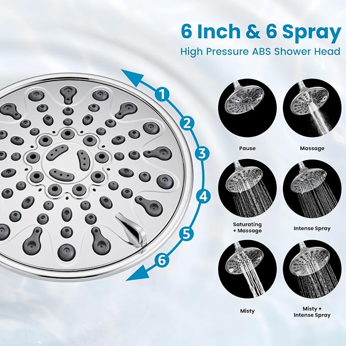 gotonovo Shower Faucet Set with Valve 6 Mode Rain Head Polished Chrome | Bathroom Shower Head and Handle Set Complete Combo,6 Mode Multi 6’’ ABS Rainfall Showerhead,Brass Valve Trim Kit,Wall Mount