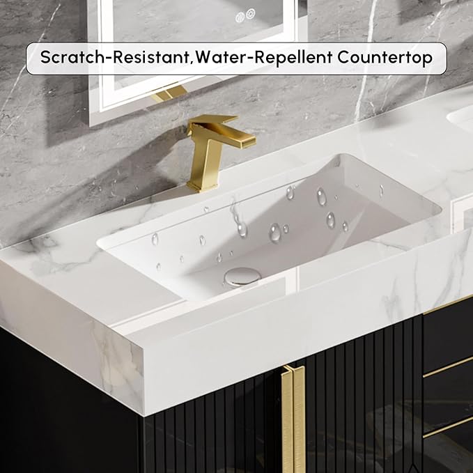 homary 60" Floating Bathroom Vanity Set with Double Sink, Modern Bathroom Sink Cabinet Storage Cabinet with Sintered Stone Countertop and Ample Storage, Black
