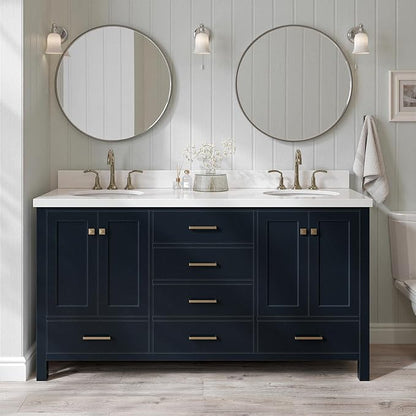 ARIEL Cambridge 66-inch Bathroom Vanity with Sink,Solid Wood, 1.5-inch Pure White Quartz Countertop & Backsplash, Double Oval Porcelain Sink, 4 Soft Closing Doors, 6 Dovetail Drawers, Midnight Blue