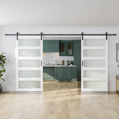 SMARTSTANDARD Double 42×96 Glass Barn Door with Sliding Hardware Kit | Pre-Drilled Ready to Assemble, Waterproof PVC Coating, 5-Panel Glass, White