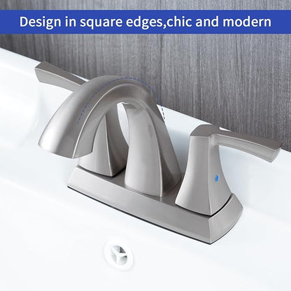 VXV Bathroom Faucet Brushed Nickel, 2 Handles Low Arc Bathroom Sink Faucets, 4 Inch Centerset Bath Lavatory Faucets with Pop-up Drain & Faucet Supply Lines (BN)