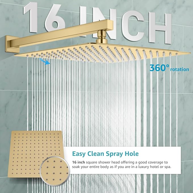 gotonovo Shower Faucet Set with Handheld Spray Brushed Gold,16'' Head | SUS304 Rainfall Shower Head and Handle Set System Fixture,Pressure Balance Valve Trim Kit,Single Handle,Wall Mount,All Metal
