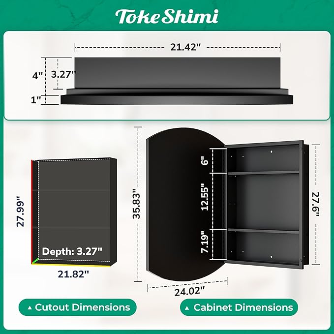 TokeShimi 24x36 Recessed Medicine Cabinet with Mirror Arched, Oval Black Medicine Cabinet with Mirror Beveled with Storage Bathroom Metal Surface Mount Modern