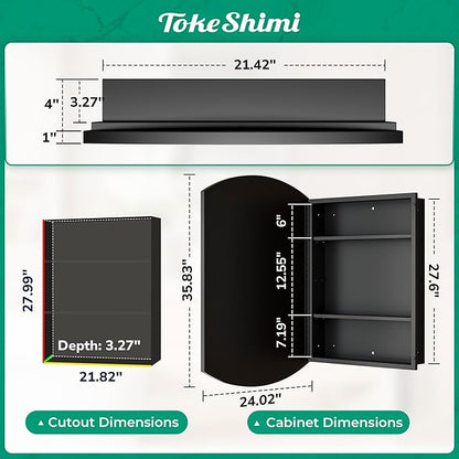 TokeShimi 24x36 Recessed Medicine Cabinet with Mirror Arched, Oval Black Medicine Cabinet with Mirror Beveled with Storage Bathroom Metal Surface Mount Modern