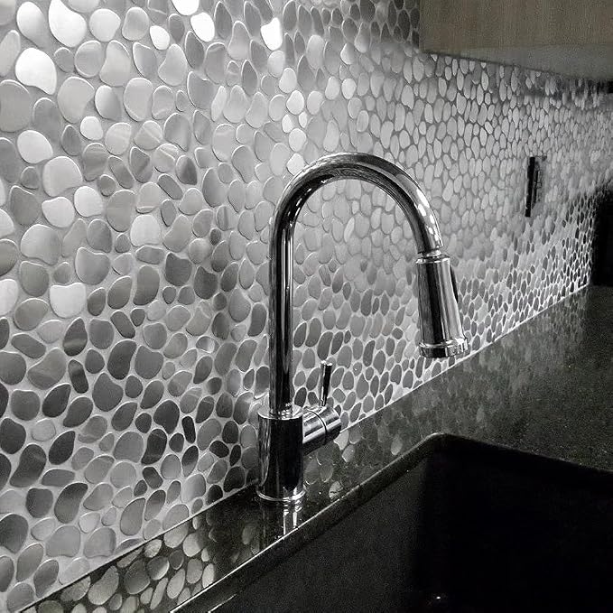 Metal Pebble Mosaic Tiles, 5 Sheets Stainless Steel Backsplash Tile Mesh Mounted, Silver Metal Tile for Kitchen Bath Backsplash Shower Floor