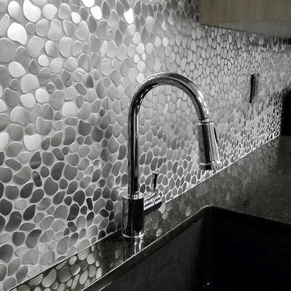 Metal Pebble Mosaic Tiles, 5 Sheets Stainless Steel Backsplash Tile Mesh Mounted, Silver Metal Tile for Kitchen Bath Backsplash Shower Floor