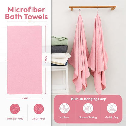 JML Bath Towels with Hanging Loop, 2 Pack, 27x55 in, Microfiber, Pink | Soft, Super Absorbent, Quick Dry, Lint-Free & Fade-Resistant, Lightweight Bathroom Towel for Daily Use