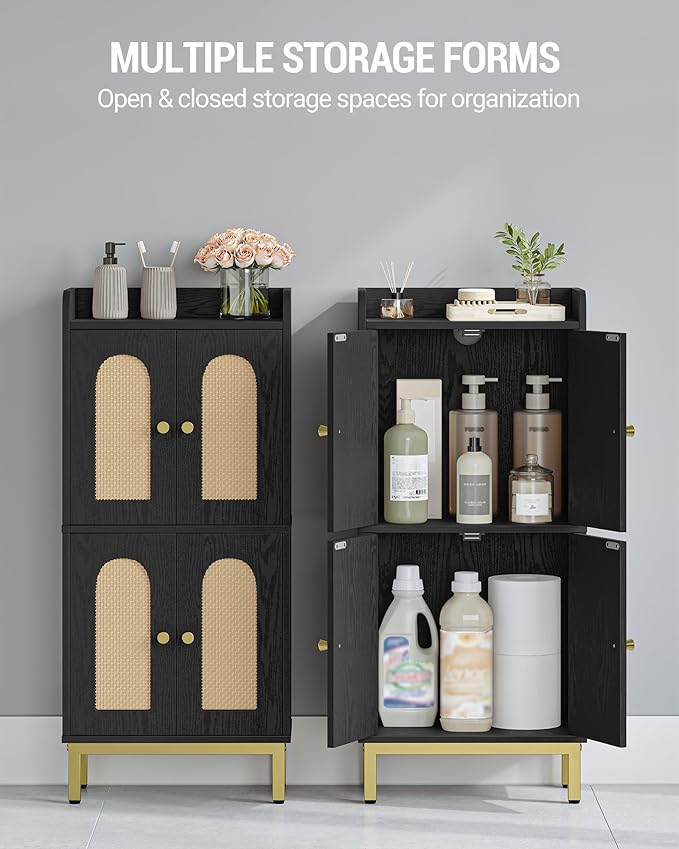Bathroom Cabinet, Small Storage Cabinet with 4 Doors, Bathroom Organizers and Storage Cabinets with Adjustable Feet, Cabinets Freestanding for Living Room, Kitchen, 7.1"D x 14.6"W x 32.7"H