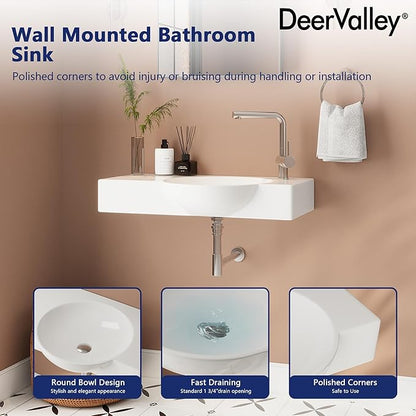 DeerValley 30"x18" Wall Mounted Bathroom Vessel Sink, White Modern Modern Floating or Countertop bathroom sink，Lavatory Vessel Sink，Porcelain Ceramic Right Side Wall Hung Sink
