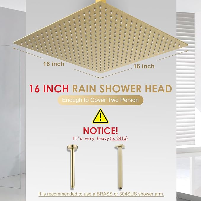 16 inch Brushed Gold Large Rain Shower Head Ceiling Mount - All Metal 304 Stainless Steel, Full Body Rainfall Shower with 324 Silicon Nozzles - Waterfall Bathroom Square Showerhead