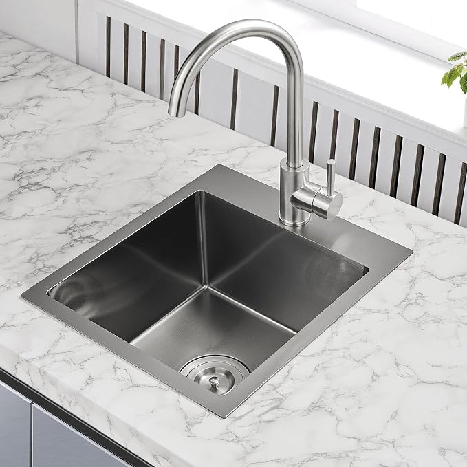 15"x17" Drop-In Single Bowl Sink 18 Gauge Black Steel 1-Hole | 15"x17" Black Drop-in Sink | 18 Ga SS | Topmount/Overmount | Single Bowl | Wet Bar/Coffee Station | 8" Deep Basin