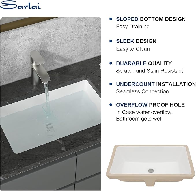 Sarlai Undermount Rectangular Vessel Sink - 21 x 13 inch Modern White Ceramic, Vanity Sink Art Basin with Overflow, Interior Bowl Size 18.9"x11.8"x4.75"