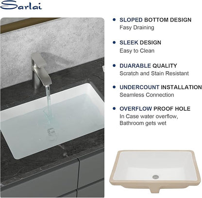 Sarlai Undermount Rectangular Vessel Sink - 21 x 13 inch Modern White Ceramic, Vanity Sink Art Basin with Overflow, Interior Bowl Size 18.9"x11.8"x4.75"