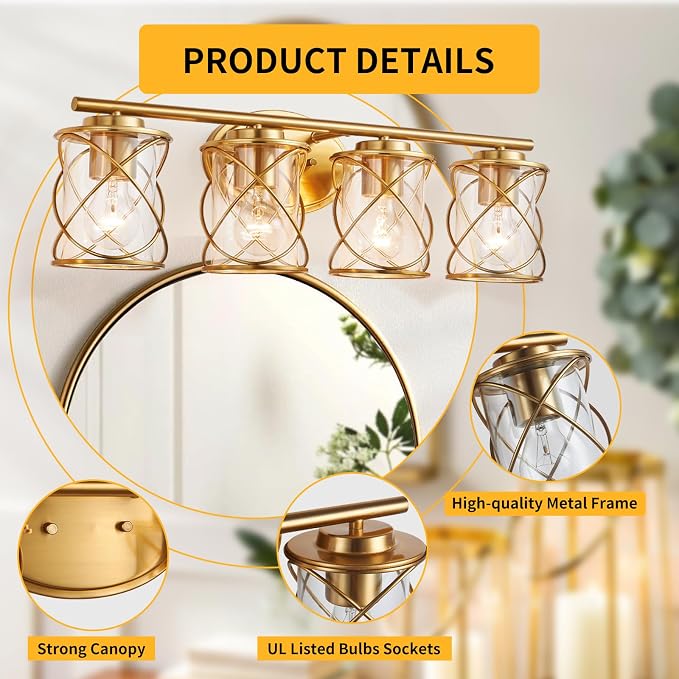 4-Lights Bathroom Vanity Lights, Bathroom Light Fixtures Over Mirror, Brushed Gold Vanity Light, Farmhouse Wall Lights with Clear Glass Shade, Bathroom Wall Lamp for Mirror Kitchen Bedroom