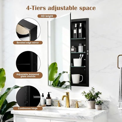 16x26'' Bathroom Medicine Cabinet Mirror with Storage, Surface Mount or Recessed Medicine Cabinet with 4-Tiered Adjustable Tempered Glass Shelves