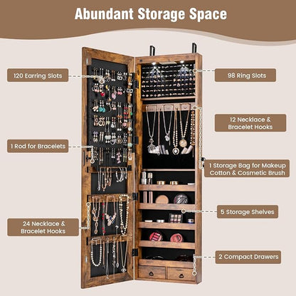Moccha Wall Door Jewelry Armoire, 47.5" H Full Length Mirrored Jewelry Cabinet with 2 LED Lights and 2 Drawers, Lockable Jewelry Cabinet, Jewelry Organizer Storage for Bedroom, Rustic Brown