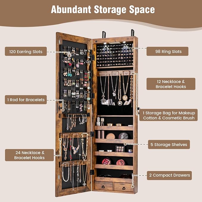 LOKO Mirrored Jewelry Armoire, Wall/Door Mounted Jewelry Cabinet with Full-Length Mirror, Lockable Jewelry Storage Organizer with 2 Drawers & 2 LED Lights, for Girls Women Gift Bedroom (Rustic Brown)