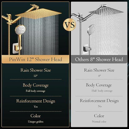 Shower Head,12'' Rain Shower Head with 11'' Extension Arm,Brushed Gold | 5 Settings High Pressure Handheld Shower Head Combo,Adjustable Powerful Shower Spray Against Low Pressure Water