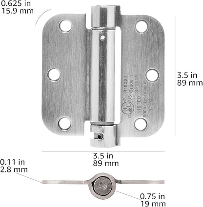 Amazon Basics Self-Closing Door Hinge, 3.5 Inch x 3.5 Inch, 5/8-Inch Radius, Satin Nickel, 1-Piece, Hardware Included