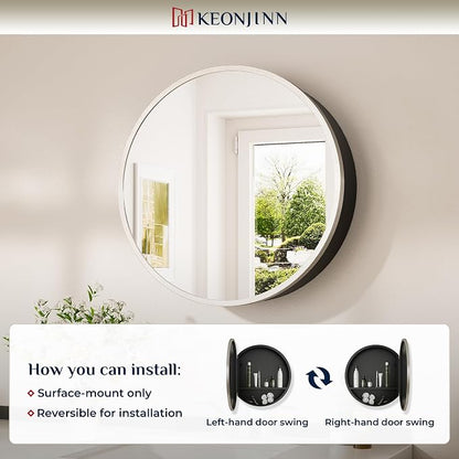 Keonjinn 20 Inch Round Medicine Cabinet with Mirror, Brushed Nickel Surface Mount Medicine Cabinet for Bathroom, Framed Circular Bathroom Cabinet Wall Mounted, Round Vanity Mirror with Storage | Surface Mount, Brushed Nickel Medicine Cabinets Mirror, S...