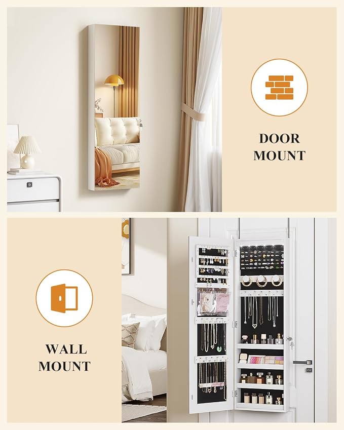 LVSOMT Over The Door Jewelry Organizer, 6 LED Wall Mounted Jewelry Cabinet | Lockable 42.5" Full Length Mirror with Jewelry Storage, Hanging Jewelry Mirror Cabinet, Jewelry Armoire for Women, White