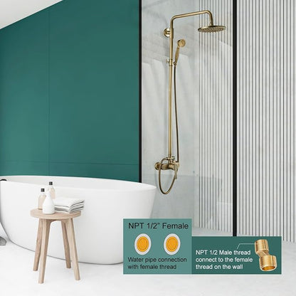 Heyalan Exposed Shower System, 8 Inch Rain Head, Handheld,Antique Brass | Exposed shower system with 8 inch rain head, handheld sprayer, single handle control, and complete wall-mounted setup.