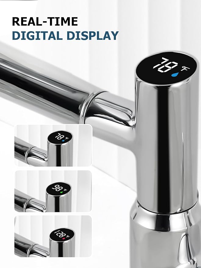 Lefton Rotatable Bathroom Faucet with Temperature Display in Fahrenheit (Batteries-Free), 3 Water Modes, Chrome, BF2204-1